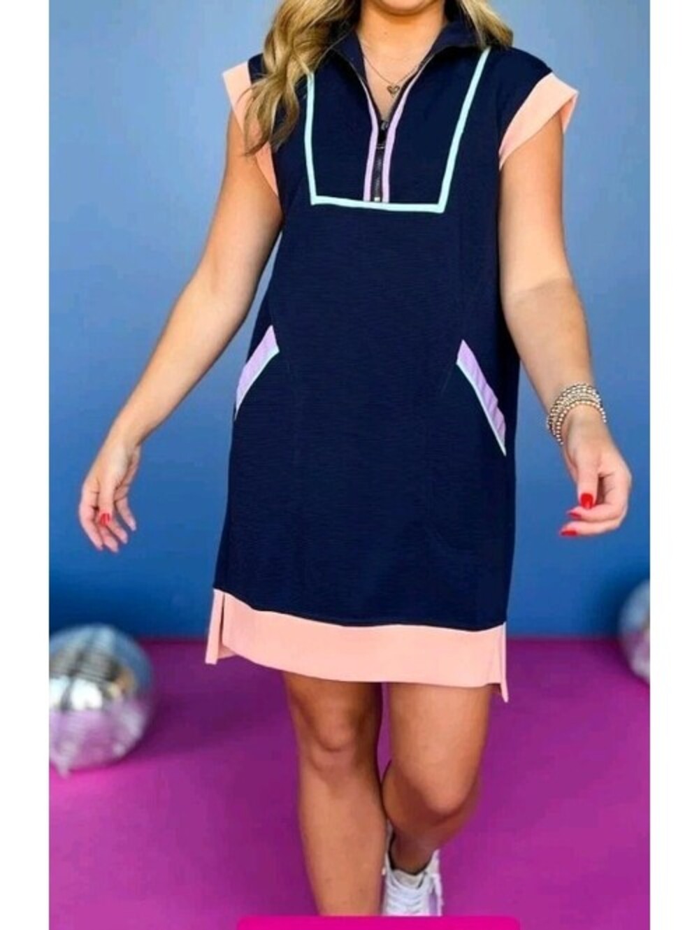 Tennis Dress Small Blue Pink Colorblock Pockets Half Zipper